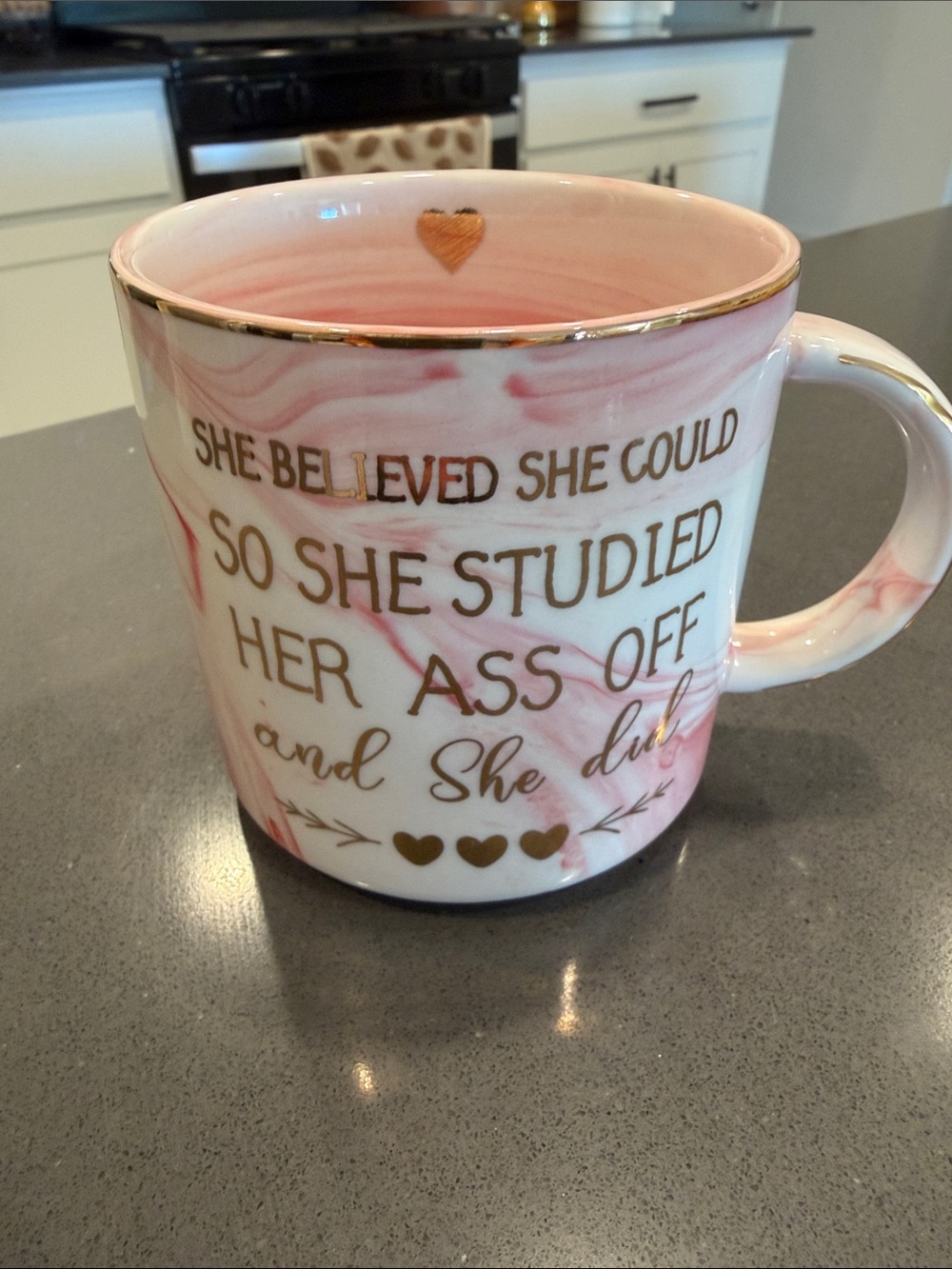 Pink Marble Ceramic Coffee Mug with Gold Lettering - Inspirational Study Quote